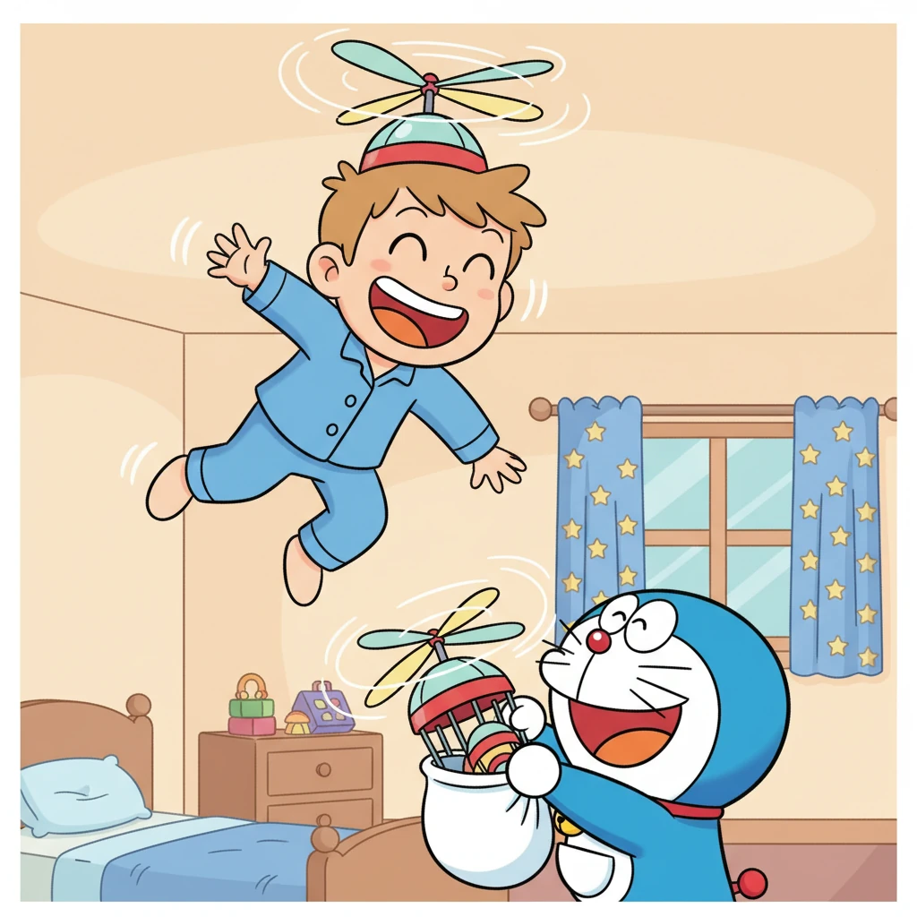 Robo-Paws grins mischievously and pulls out a 'Whirly-Gig Hat' from his pouch. Leo puts it on his head, and with a gentle whirring sound, he floats up, giggling joyfully as he hovers around his room, waving excitedly to Robo-Paws below.