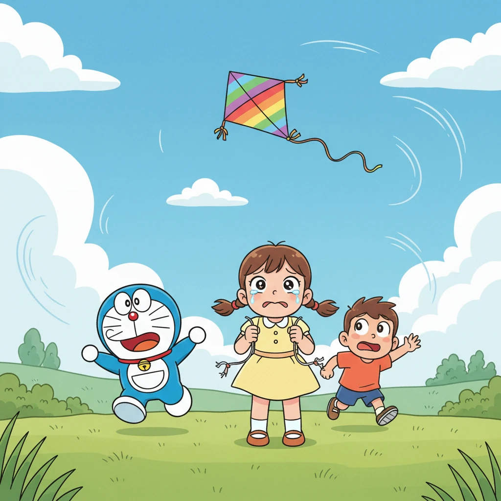 Their friend, Lily, is upset because her colorful kite string snapped right before a big gust of wind. She's about to cry, holding the two broken ends of the string in her small hands. Robo-Paws and Leo rush quickly to her side, concerned.