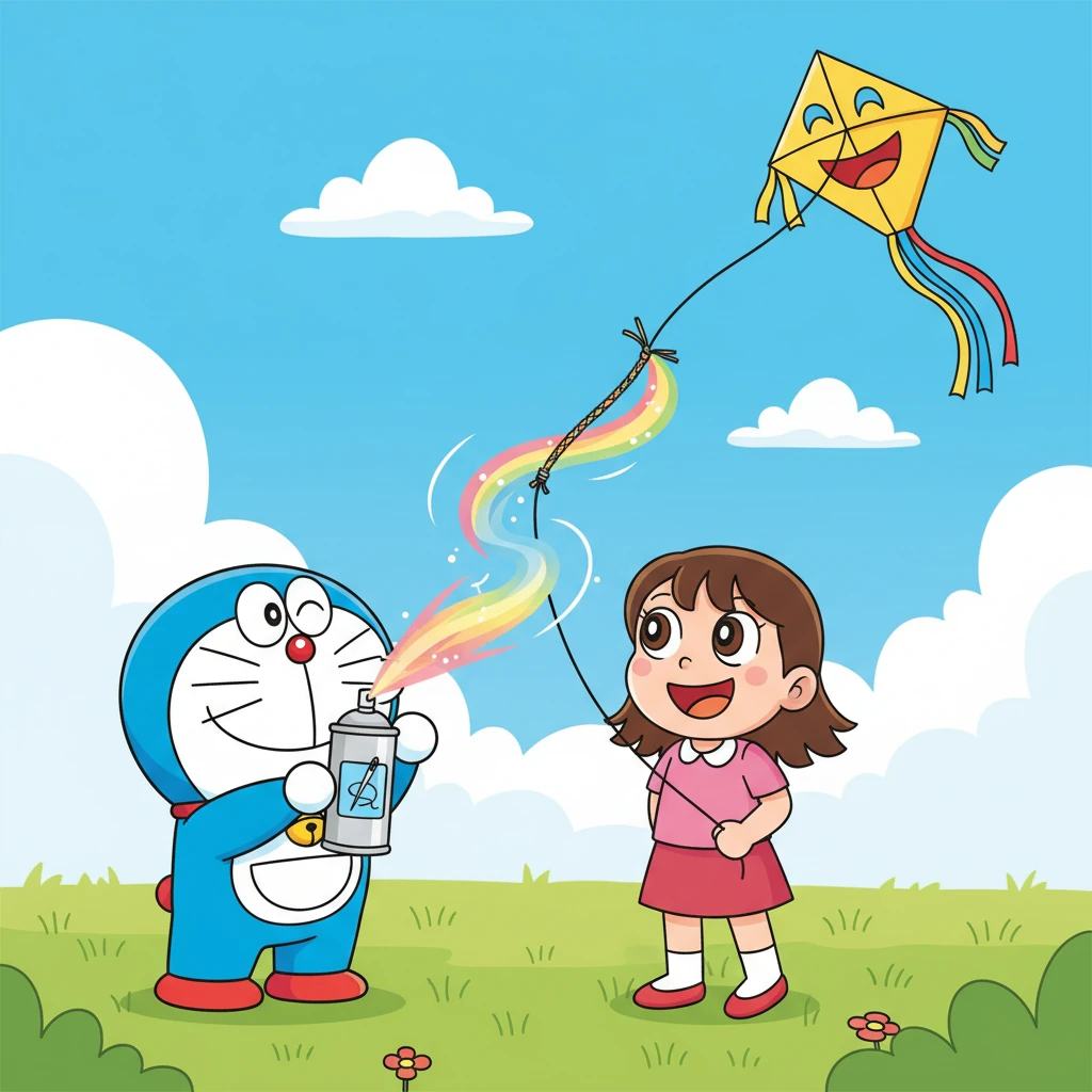 Robo-Paws quickly pulls out a 'Super-Stitcher Spray' from his pocket. With a quick, magical spritz, the kite string instantly mends, becoming stronger than before. Lily's face lights up with a radiant smile, and her kite soars high into the clear sky.
