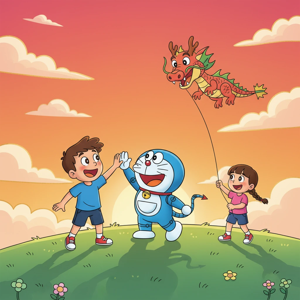 Leo and Robo-Paws stand together on a grassy hill, watching Lily's kite dance in the breeze as a warm, vibrant sunset paints the sky in hues of orange and pink. They share a happy high-five, their friendship shining brightly, ready for whatever fun the next day will bring.