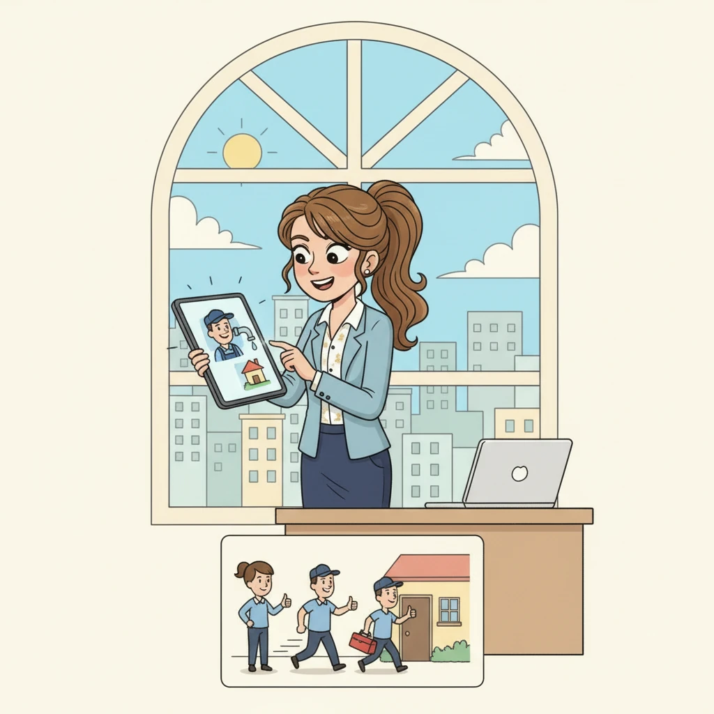 Un locataire signala un problème de plomberie via le portail de l'application. Élodie reçut la notification instantanément et put assigner un réparateur en quelques secondes. Le plombier, équipé de sa boîte à outils, partit rapidement pour résoudre le souci, sous l'œil reconnaissant du locataire.