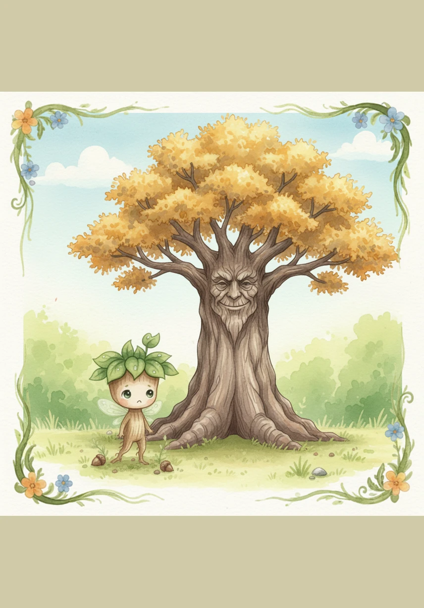 In the heart of a sun-drenched meadow, a tiny sapling named Sprout stretched its two small leaves toward the sky. Around Sprout stood a circle of giants, their branches reaching high above the clouds and casting long, dancing shadows on the grass.