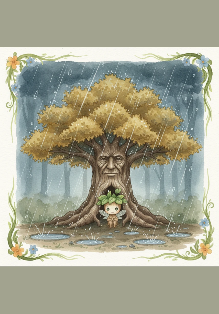 One afternoon, a sudden storm rolled in, bringing heavy rain and whistling winds that bent the tall grass. Sprout felt small and vulnerable, but Elder Oak leaned his massive branches over, shielding the sapling from the harshest gusts.