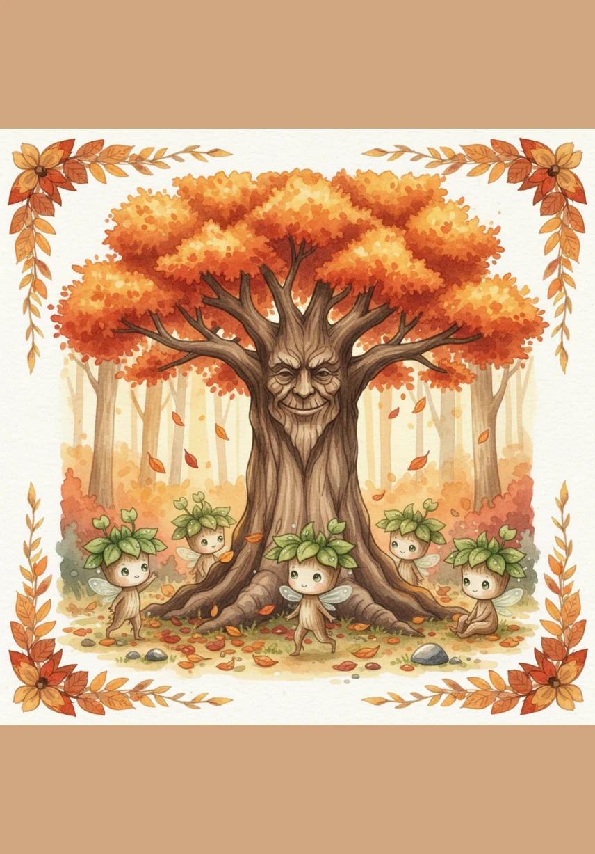 When the sun returned, the forest transformed into a palette of orange and red as autumn arrived. Sprout marveled at its own few leaves turning a bright, fiery gold, feeling like a tiny, beautiful torch amidst the fallen leaves.