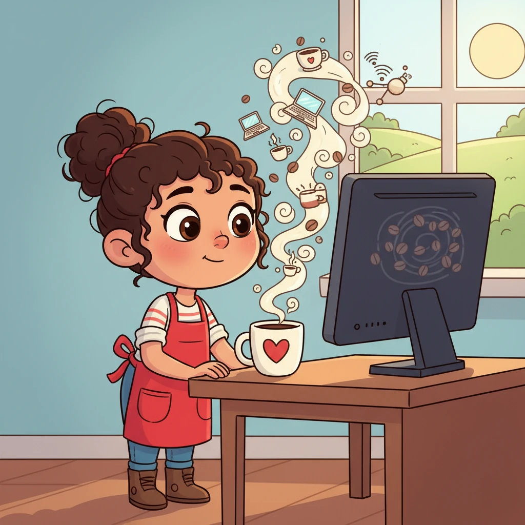Coco Bean, a small, energetic character with a bright red apron, gazes at a plain computer screen, dreaming big. Swirls of coffee aroma rise from a nearby mug, inspiring her. She imagines a world where coffee comes alive online.