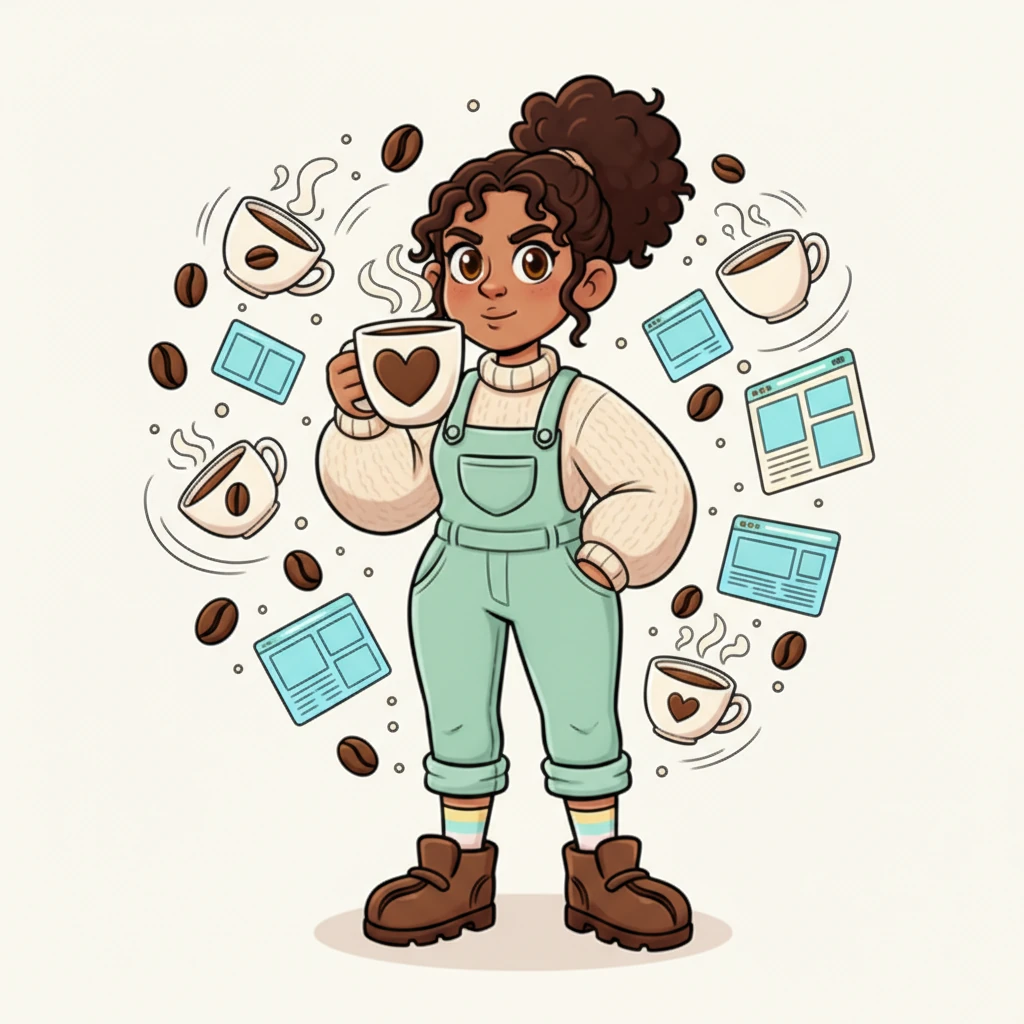 Coco is surrounded by a whirlwind of ideas – sketches of coffee cups, floating beans, and glowing website wireframes dance around her. Her eyes sparkle with determination as she sips from her favorite mug, ready to create.