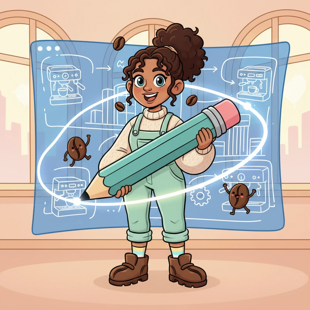 With a giant, whimsical pencil, Coco sketches on a huge digital canvas. The lines flow effortlessly, outlining sleek, modern shapes and playful coffee bean characters, all coming together in a magical blueprint.