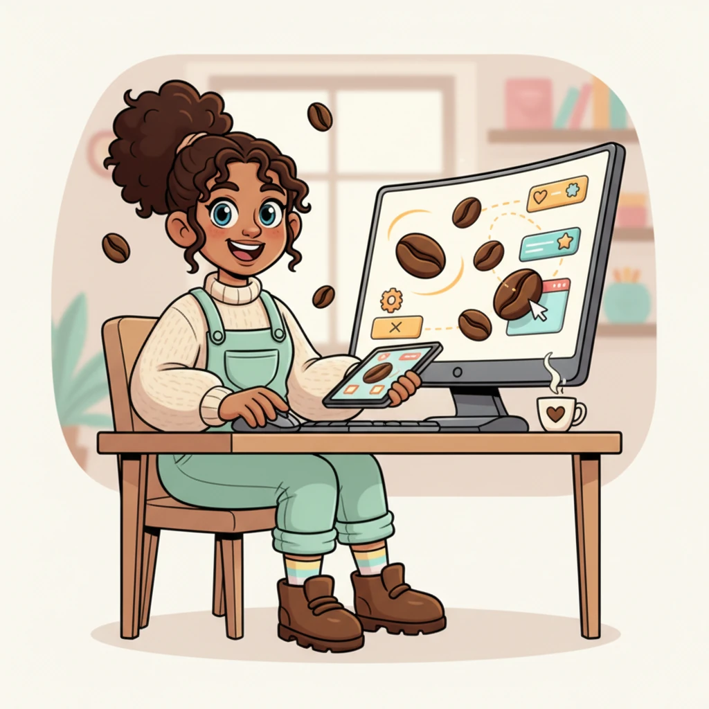 At her glowing computer, Coco dives into the world of 3D design. Coffee beans playfully tumble and rotate on her screen, transforming into interactive elements for her website. She clicks and drags with joyful concentration.