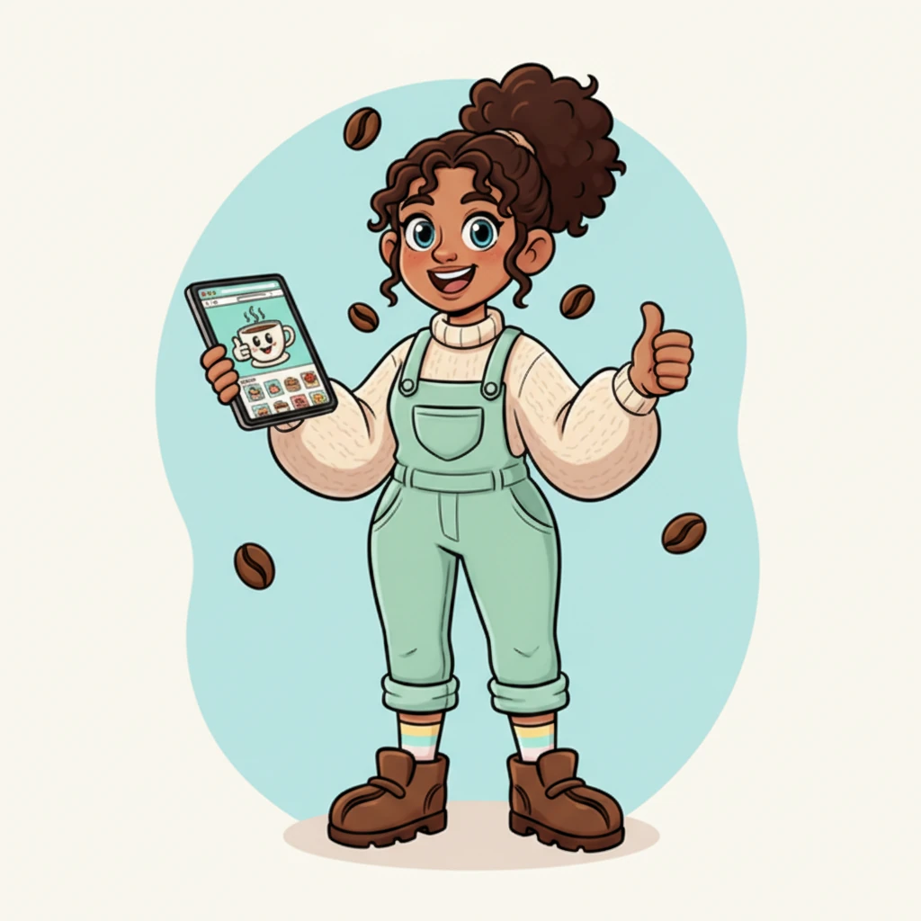 Coco tests her creation with a happy grin. A friendly, cartoon coffee cup character pops up on the screen, giving a thumbs-up. The website loads perfectly, smooth and responsive, just as she envisioned.