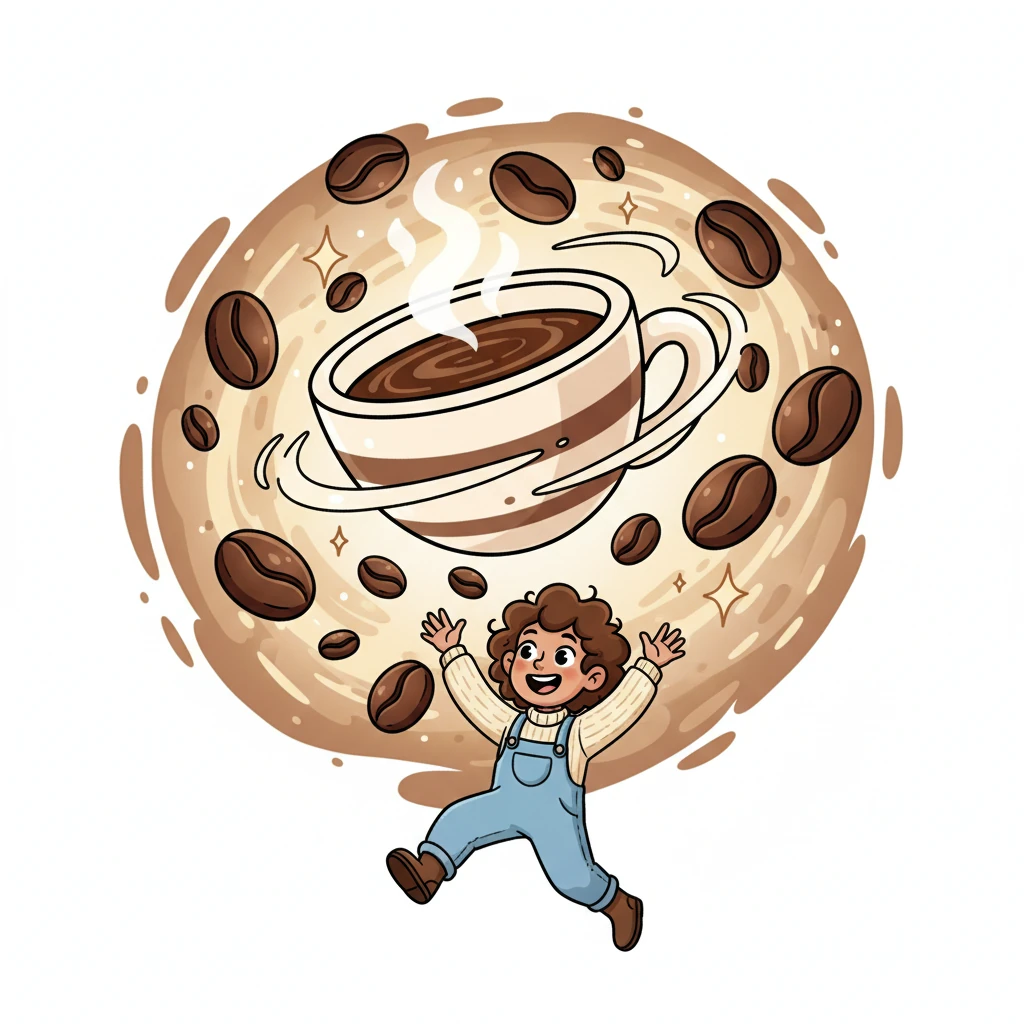 The completed 3D website springs to life, a vibrant, immersive world of coffee. A beautiful, steaming 3D coffee cup spins gracefully at the center, surrounded by floating, aromatic coffee beans that twinkle like stars.