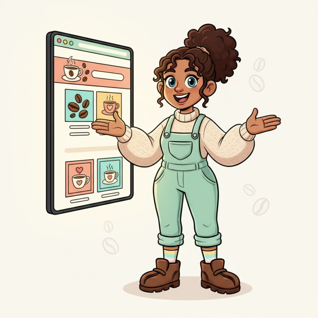 Coco stands proudly beside her magnificent, glowing screen, beaming with accomplishment. The website displays a stunning homepage, showcasing delicious coffee blends and a welcoming atmosphere, ready for visitors.