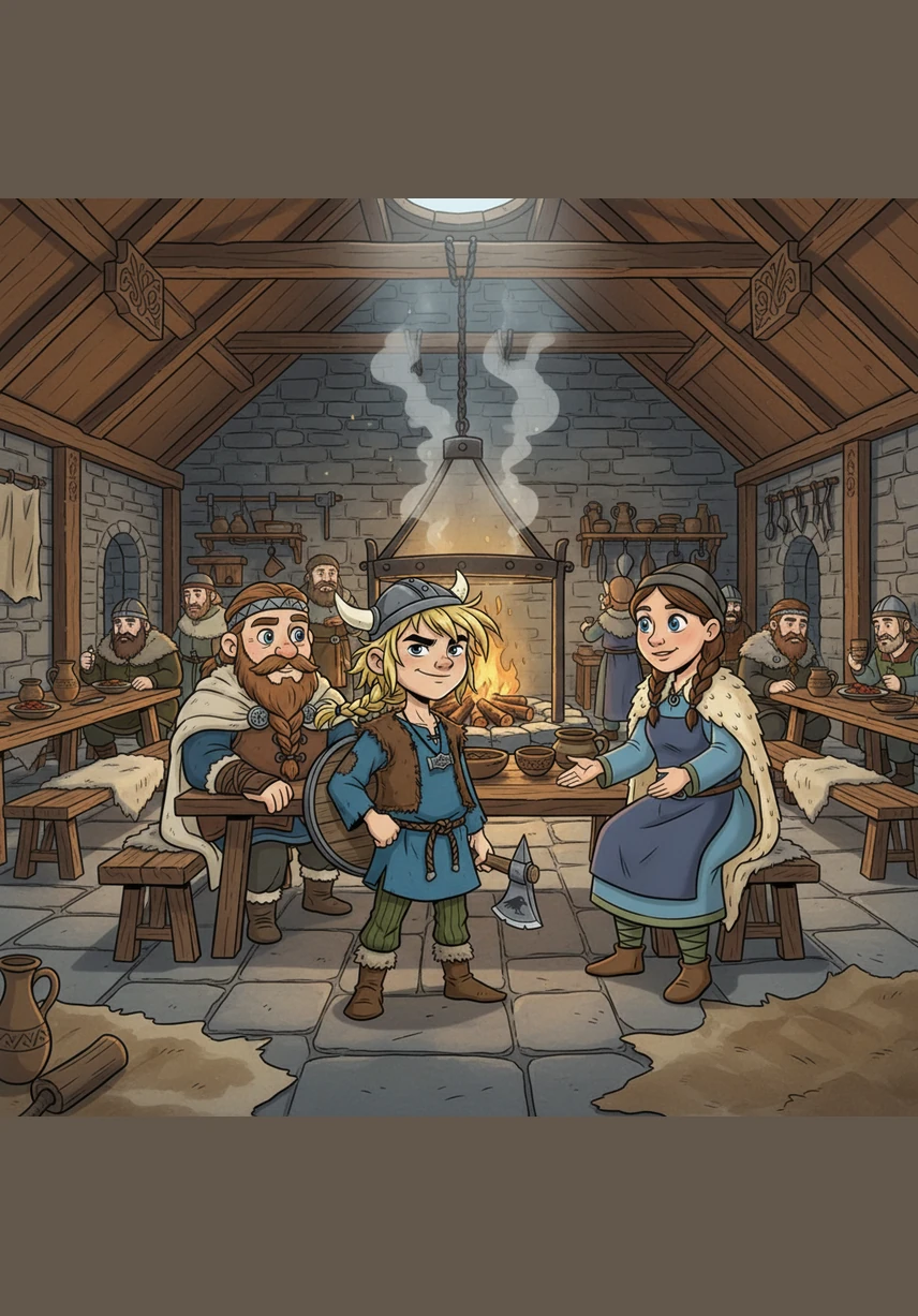 Bjorn sits by the roaring hearth, clutching his wooden sword while his father tells tales of dragons and longships. The firelight dances on the stone walls of the longhouse, casting shadows that look like giant warriors ready for battle.