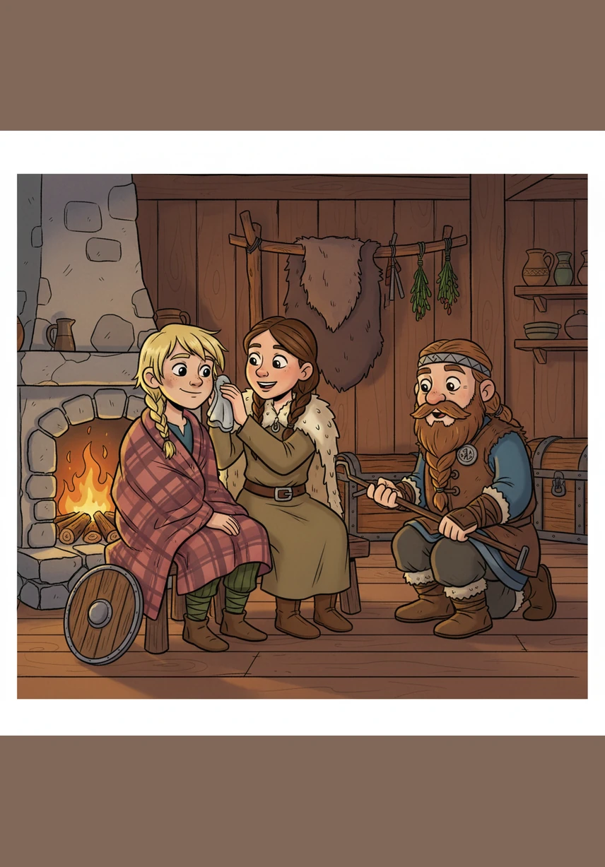 His mother brings him a warm mug of honeyed milk and tucks a soft sheepskin rug around his shoulders. Outside, the northern winds howl through the fjords, singing a rhythmic song of the ancient mountains and the deep blue sea.