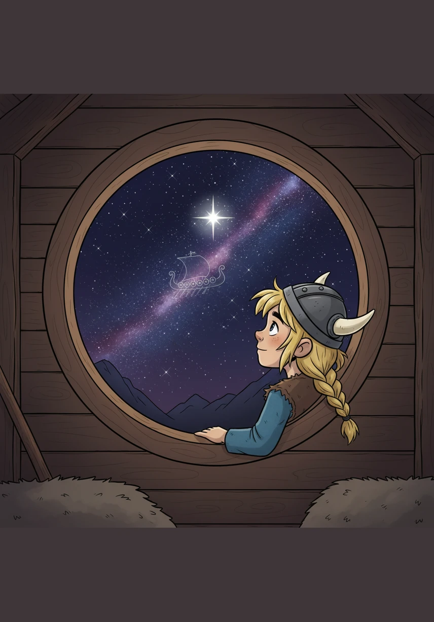 Bjorn looks out the small window at the starlit sky, wondering if the stars are the sparkling shields of gods looking down from Valhalla. He imagines a ghostly longship sailing across the Milky Way, guided by the steady light of the North Star.