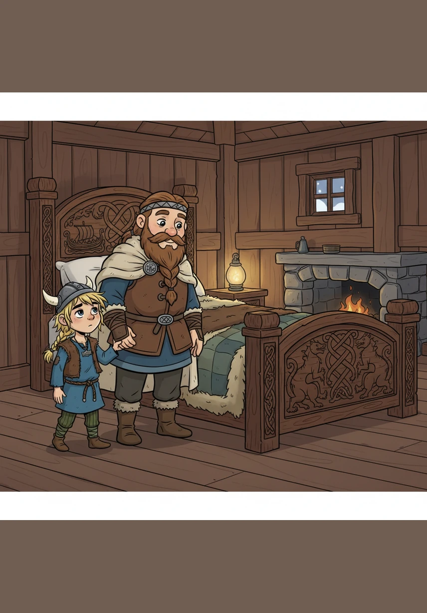 His father leads him to a sturdy bed carved from dark oak, which smells of fresh pine and salt air. Every great warrior needs their rest, his father whispers, to prepare for the grand adventures and battles of tomorrow's play.