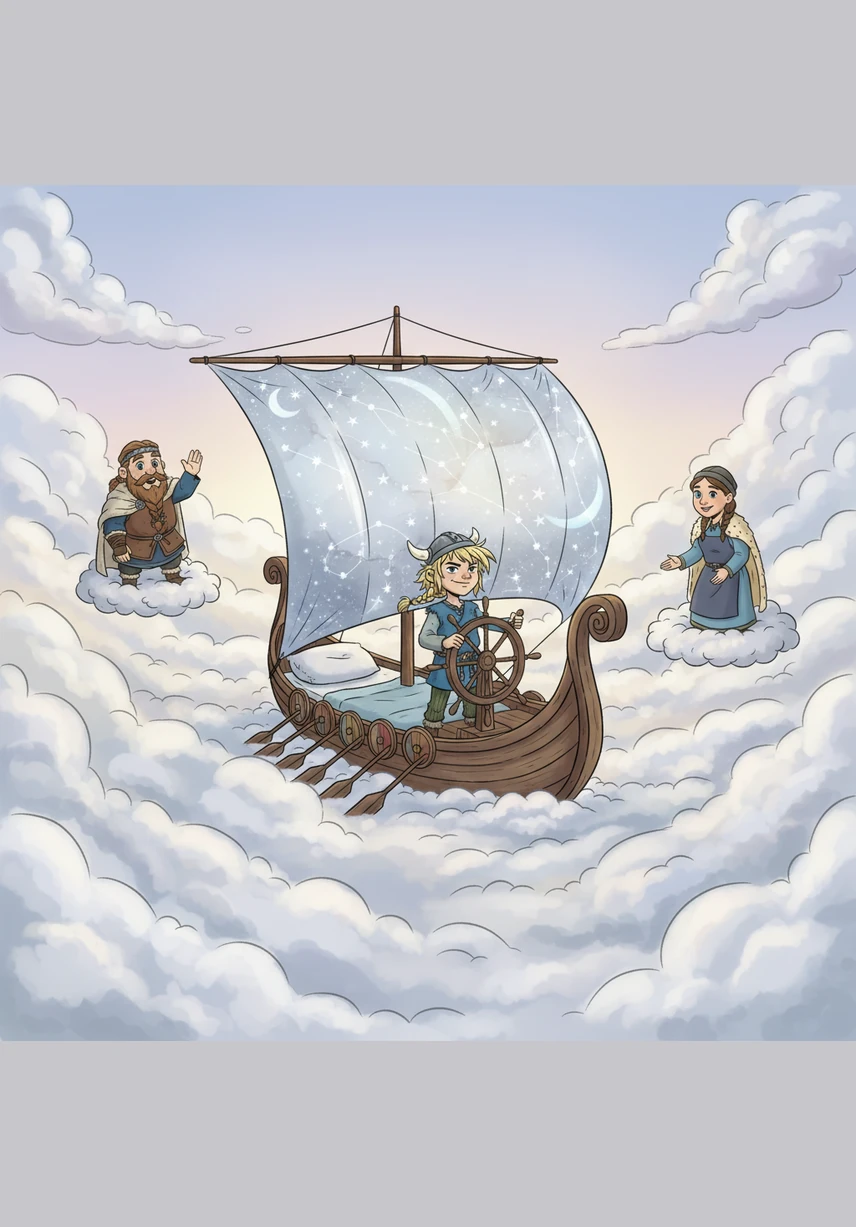 In his mind, the bedroom transforms into a majestic ship with silken sails made of woven moonlight. Bjorn is the captain now, steering his vessel through a calm sea of soft, fluffy clouds that feel like wool.