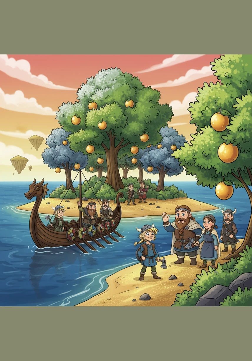 The ship reaches a golden island where the trees grow silver leaves that chime like tiny bells in the breeze. Here, all the Viking children gather to exchange stories of their day under the watchful and kind eye of the moon.