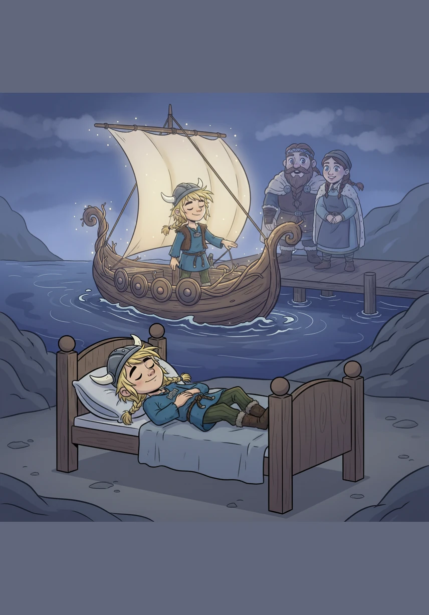 Bjorn feels his heart grow heavy with peace as he anchors his dream-ship in a harbor of velvet shadows. The rhythmic sound of the imaginary waves matches his own slow, steady breathing as he drifts further into sleep.