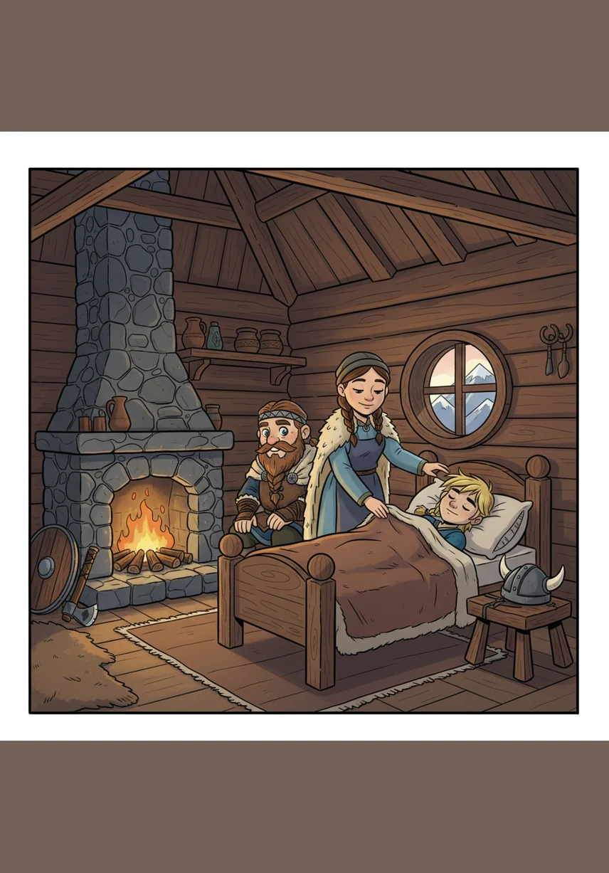 Deep in the heart of the North, the little Viking warrior falls into a deep and happy slumber. He sleeps soundly, knowing that the spirit of adventure will be waiting for him when the sun rises over the snowy peaks.