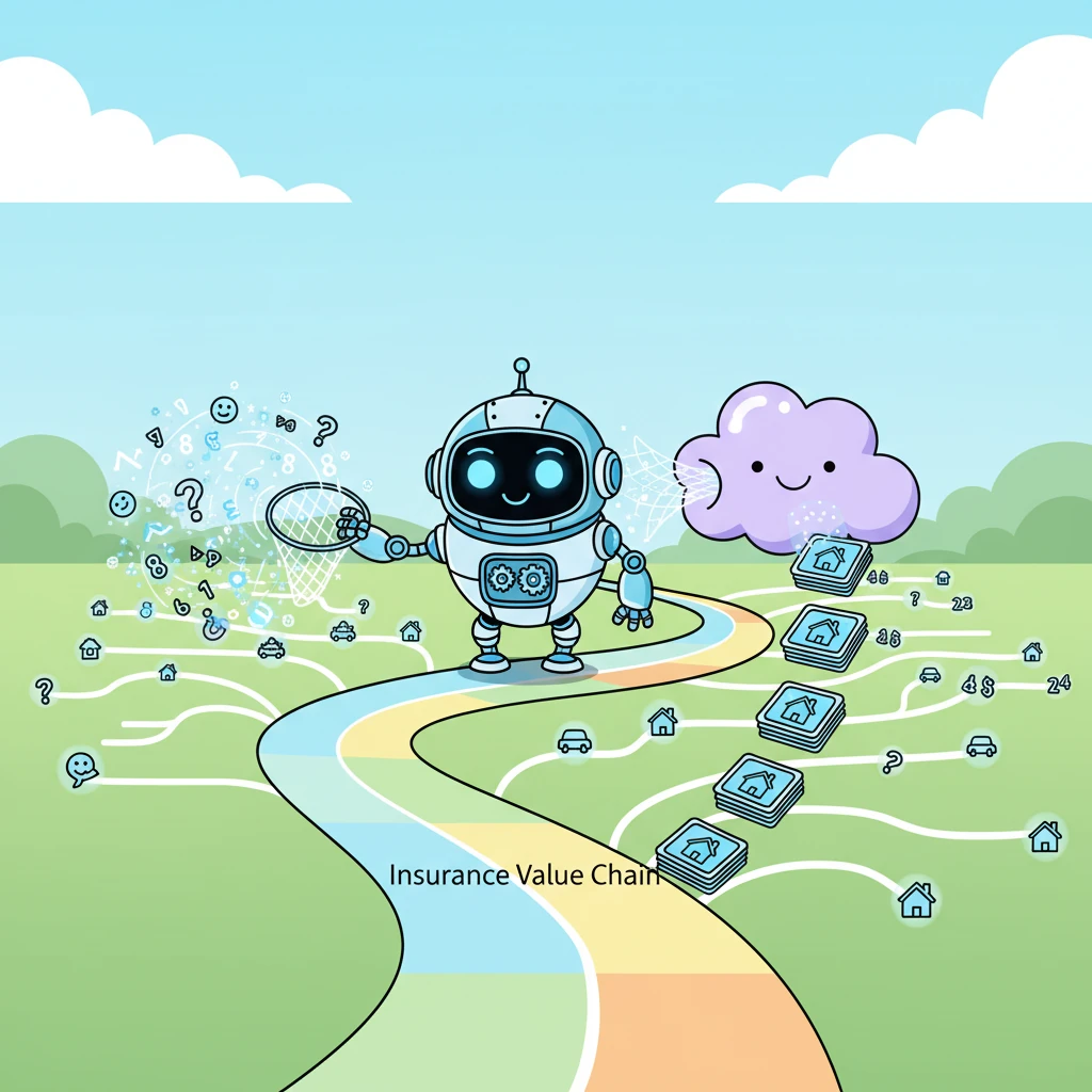 The grand Insurance Value Chain stretched out like a winding, colorful road, full of exciting stages from finding new clients to making sure policies were perfect. At the very start, where the path split into countless possibilities, stood Agent Spark, a cheerful, whirring AI robot with bright, inquisitive eyes. Spark's mission was crucial: to transform a swirling cloud of potential leads and unorganized data into neat, actionable client dossiers, setting the stage for every successful step that followed.