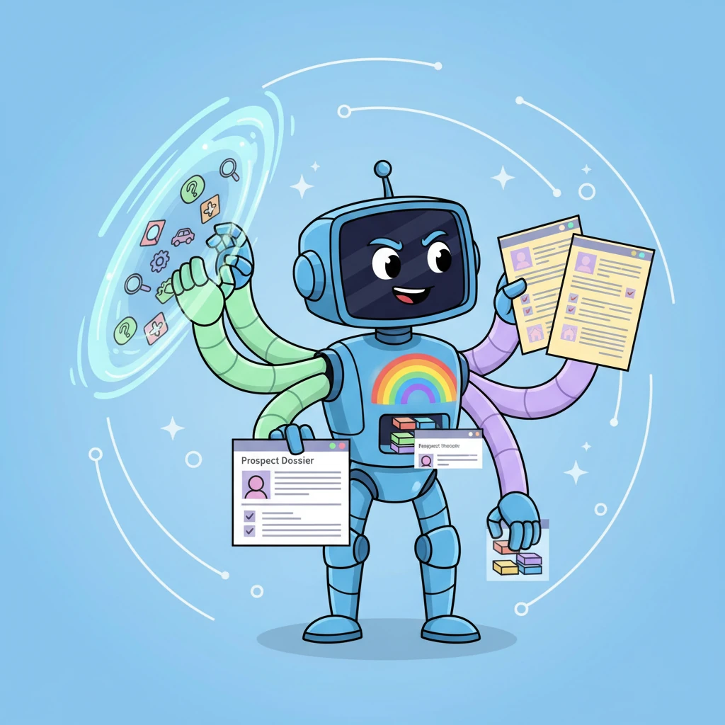 With a happy beep, Agent Spark activated its multi-tasking modules! One digital arm playfully stretched into a glowing portal, extracting vital information from various online sources. Another carefully compared details, ensuring every piece of data matched perfectly, while its central processor logged every discovery, building a comprehensive 'Prospect Dossier' brick by colorful brick. Spark's exaggerated, expressive screen showed intense focus, then a satisfied grin as the digital puzzle pieces clicked into place.
