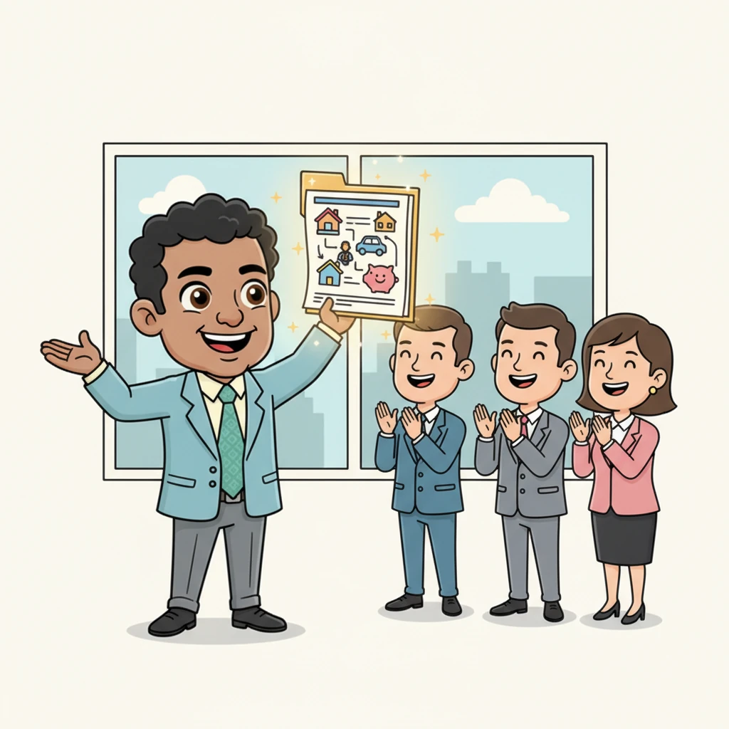 Finally, with a triumphant flourish, Agent Spark presented a perfectly polished, glowing Client Dossier. The once-chaotic data was now a vibrant, organized folder, ready to guide the next steps of the value chain. A group of simplified, smiling executives looked on, impressed by Spark's efficiency and the seamless flow of information. Thanks to Agent Spark, the entire journey ahead looked brighter and smoother, promising success for everyone involved.