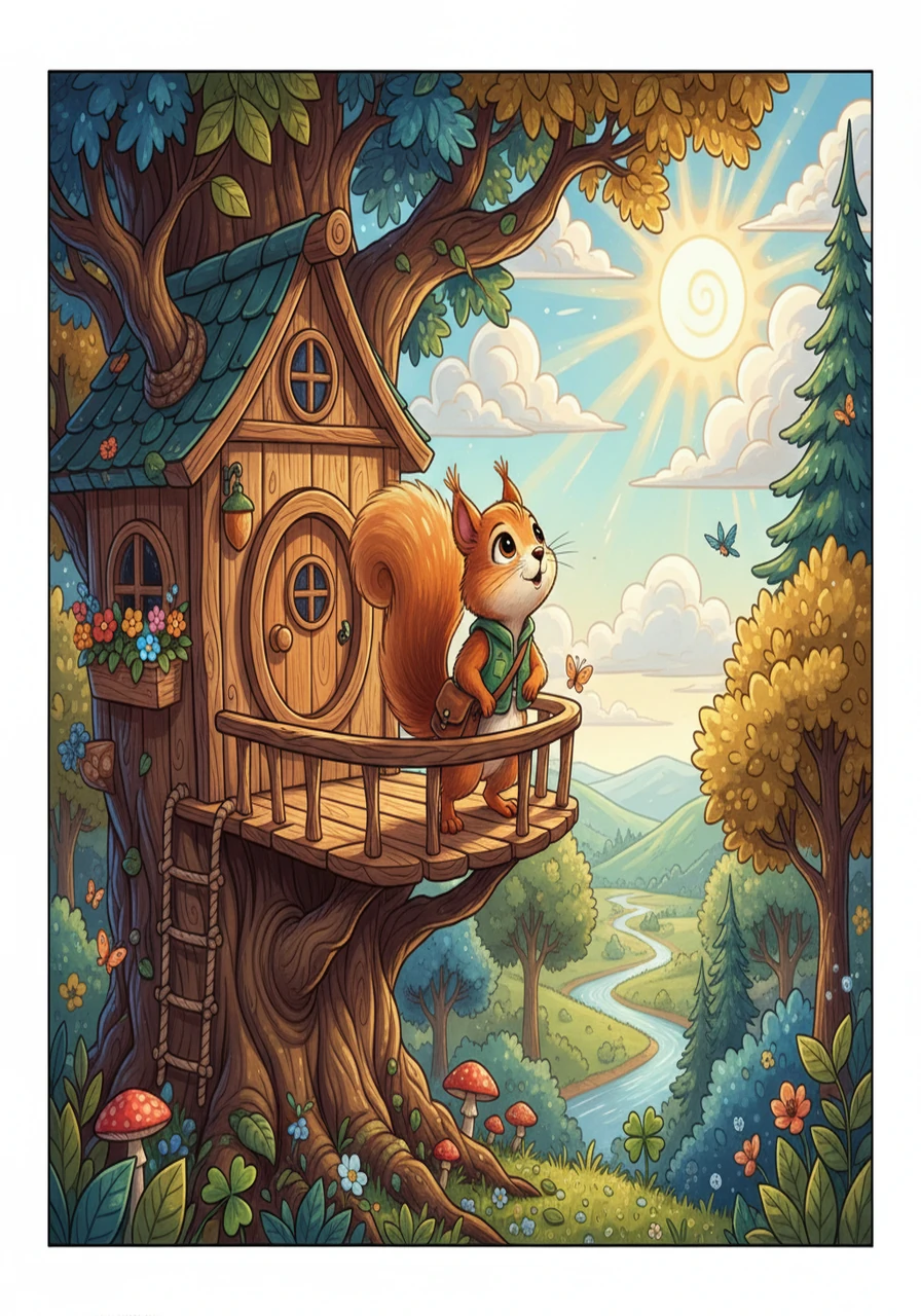 Pip, a curious squirrel with a fluffy tail, looked up at the sunny sky. He lived in a cozy treehouse nestled in a vibrant forest. Pip dreamed of adventures and helping those in need, already eager for the day's excitement.