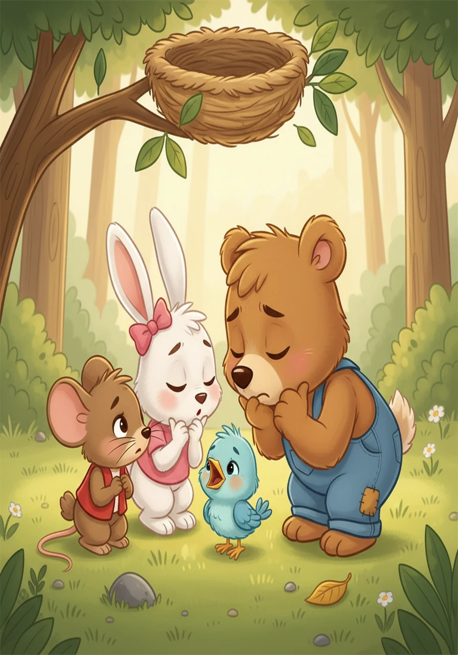 A tiny bird fell from its nest, chirping sadly on the ground. Pip, along with his friends Rosie the rabbit and Barnaby the bear, quickly gathered around. They knew they had to help, and quickly put their heads together.