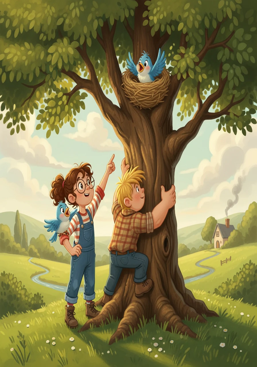 Rosie, with her keen eyesight, spotted the nest high in the tree. Barnaby, being very strong, offered to climb the tree to get the baby bird. Pip directed them both, telling them where to go.