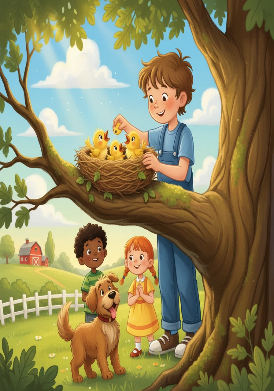 Barnaby carefully placed the baby bird back into its nest. The little bird chirped happily, surrounded by its siblings, as the friends watched in satisfaction. They felt the joy of accomplishment.