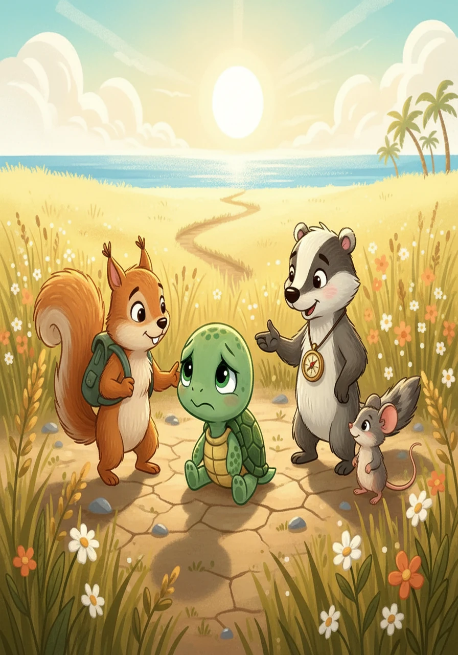 One sunny afternoon, they met Shelly, a little turtle lost far from the ocean. Shelly was worried and missing her home. The friends decided they would help her find the sea.