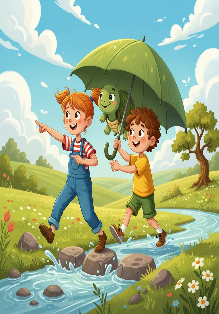 They set off on a journey, crossing the babbling brook and the green fields with Shelly. Rosie scouted ahead, pointing the way while Barnaby provided shelter from the sun for the tiny turtle.