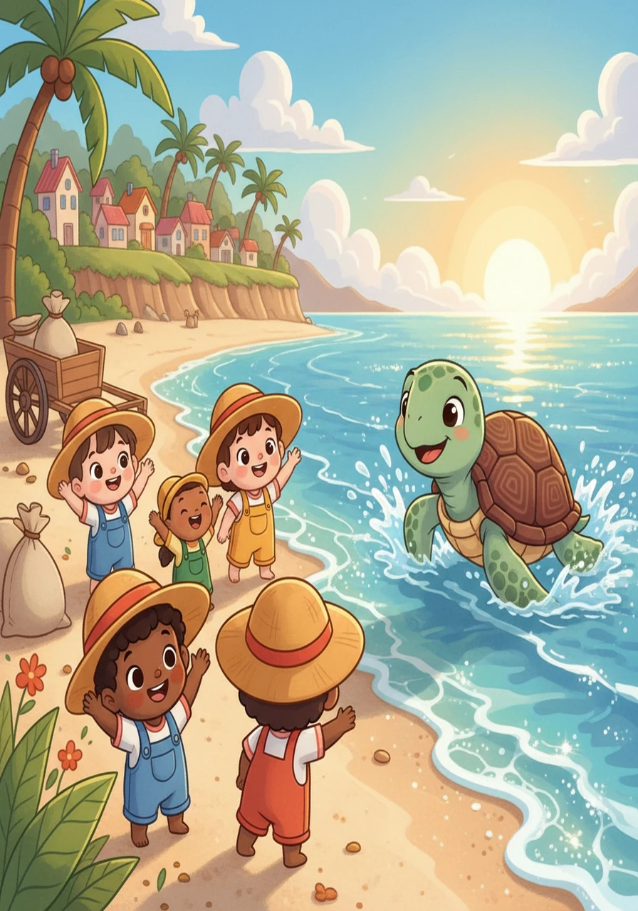 Finally, they reached the sparkling ocean, where Shelly happily swam into the waves. The little helpers waved goodbye, their hearts filled with happiness and gratitude. They knew they had done good work.