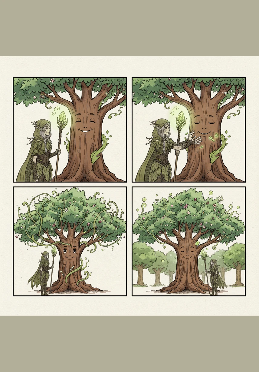 Brindille déploie toute son énergie pour pousser vers le ciel le plus vite possible, oubliant de laisser ses racines s'enfoncer dans la terre fraîche. Il devient vite très grand et fin, se pavanant fièrement devant les vieux arbres qui l'observent avec inquiétude.