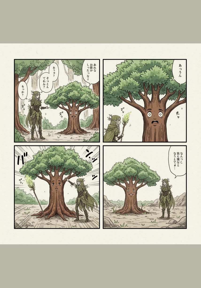 Soudain, de gros nuages gris envahissent le ciel et un vent puissant commence à souffler sur la forêt. Les arbres adultes s'ancrent solidement dans le sol, mais Brindille sent ses pieds fragiles vaciller sous la force des premières rafales.