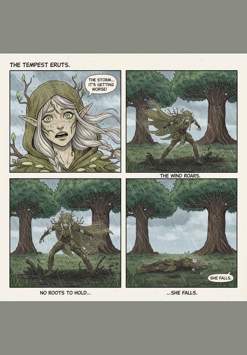 La tempête éclate et le vent redouble de violence, secouant chaque feuille de la clairière. N'ayant pas de racines assez profondes pour le retenir, le pauvre Brindille finit par basculer et tombe lourdement sur l'herbe mouillée pendant que les grands arbres résistent.