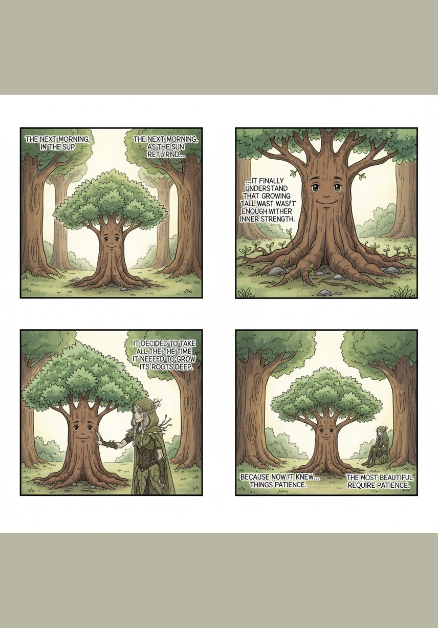 Le lendemain, alors que le soleil revient, Brindille comprend enfin qu'être grand ne suffit pas s'il n'est pas solide à l'intérieur. Il décide de prendre tout son temps pour faire grandir ses racines, car il sait maintenant que les plus belles choses demandent de la patience.