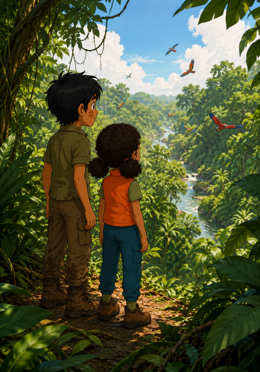 Leo and his younger sister Maya stood at the edge of the dense Amazon rainforest, their hearts thumping with excitement. The air was thick with the scent of damp earth and the distant, melodic calls of exotic birds hidden in the canopy.