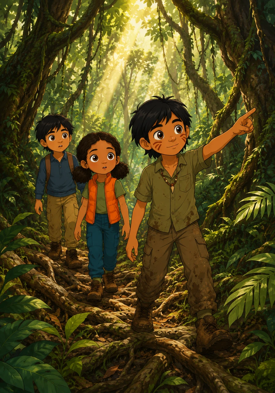 Guided by their local friend Mateo, the children trekked over tangled roots and under giant mahogany trees draped in emerald vines. Sunlight filtered through the leaves in golden beams, illuminating the vibrant world of the deep jungle.