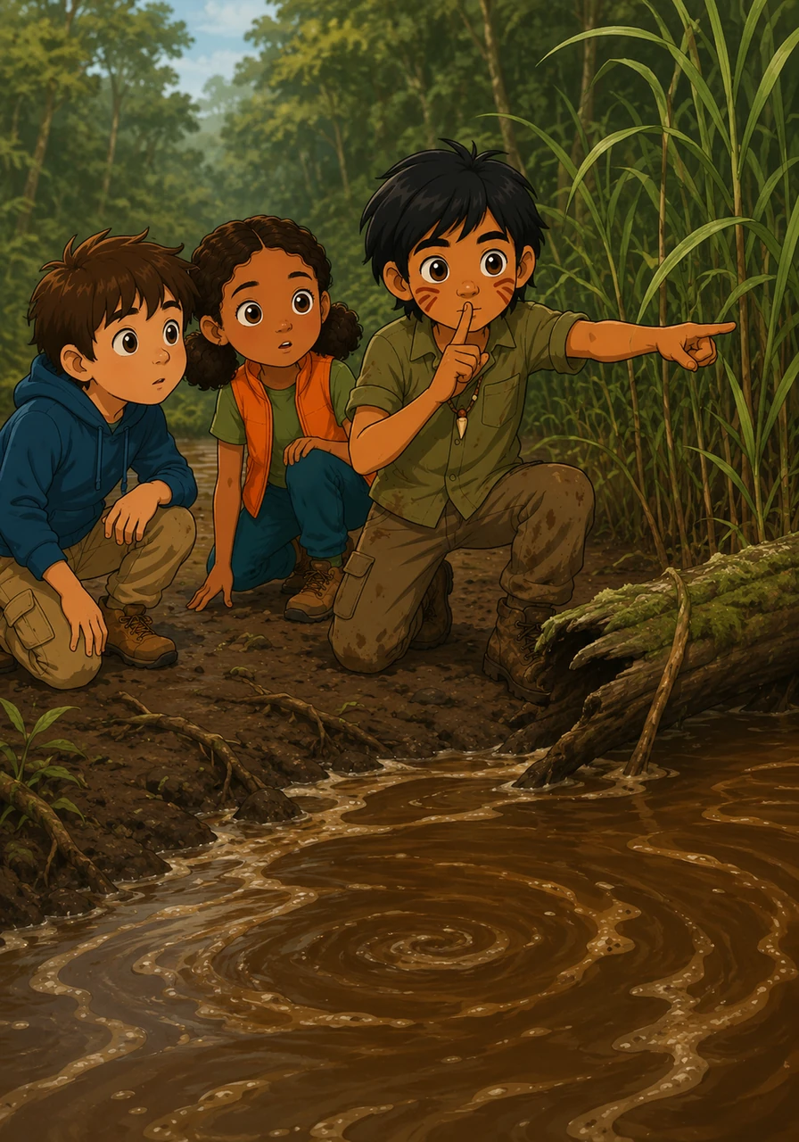 They eventually reached the muddy banks of a slow-moving river where the water looked like dark, swirling tea. Mateo signaled for them to be very quiet and pointed toward a cluster of thick reeds near a fallen mossy log.