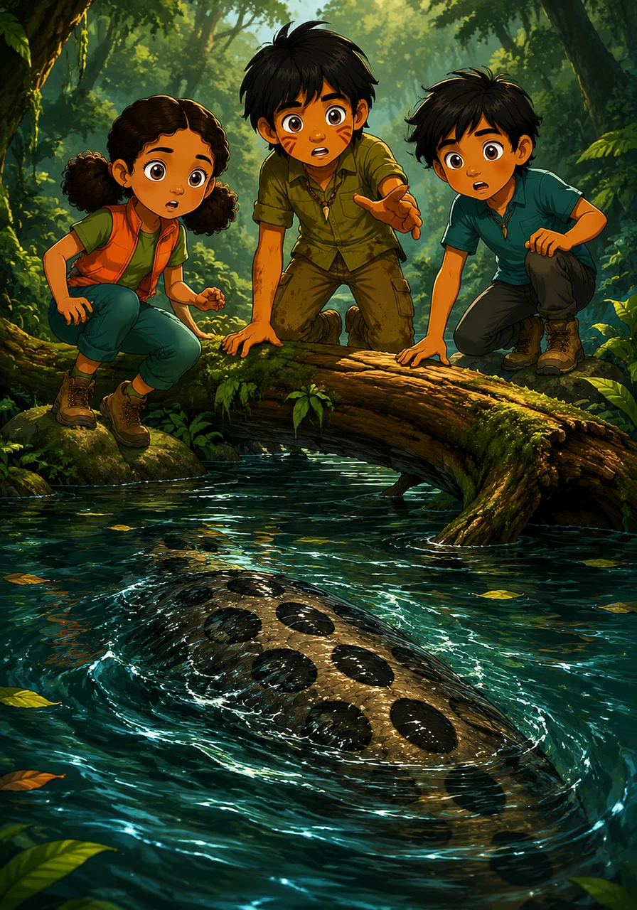 Near the log, something massive began to stir, creating slow and heavy ripples across the water's surface. Leo held his breath, his eyes widening as he noticed a pattern of dark, oval spots emerging from the shadows.