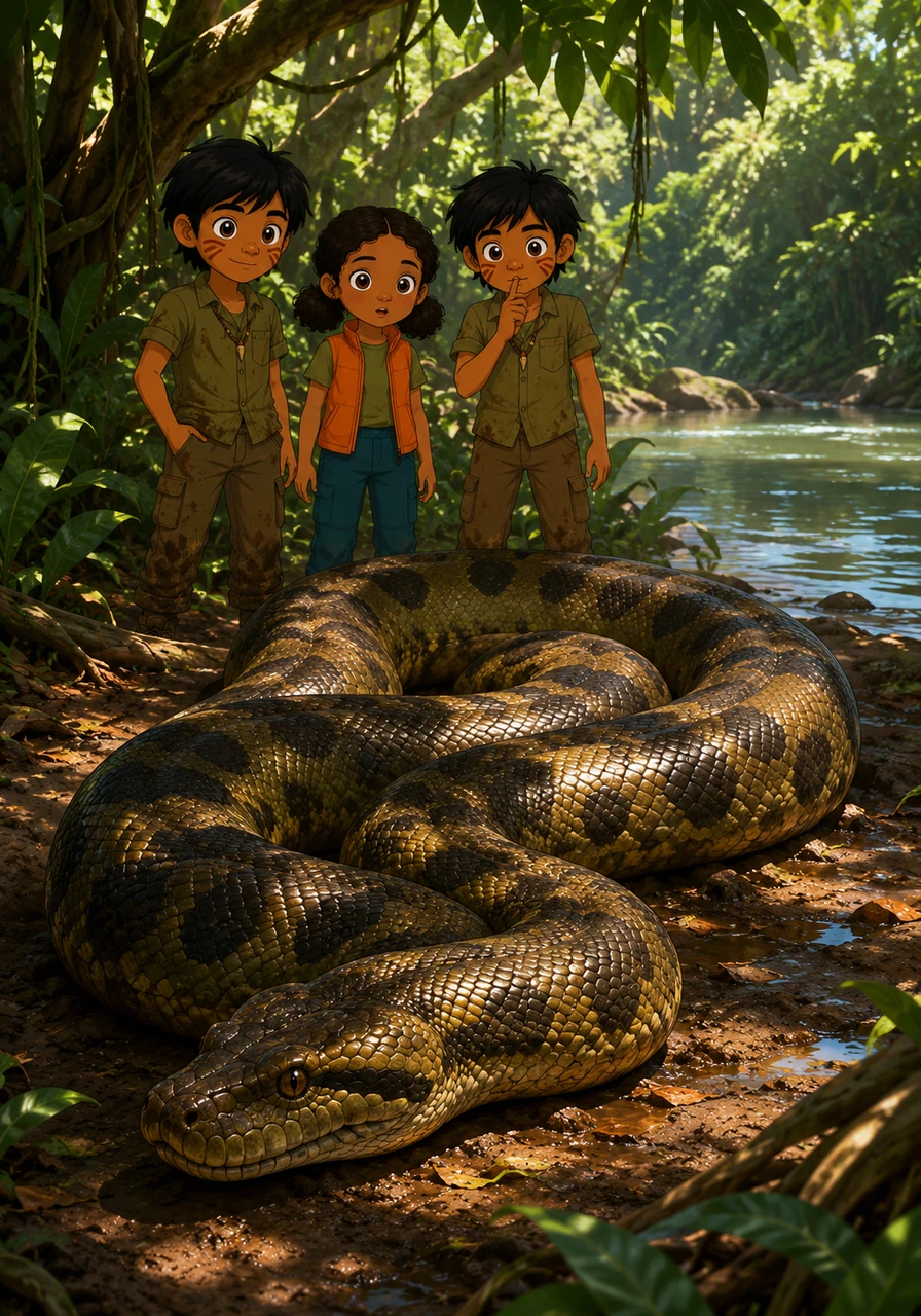 A magnificent anaconda, as thick as a tree trunk, lay coiled peacefully in the dappled sunlight on the riverbank. Its scales shimmered with hues of olive and gold, blending perfectly with the surrounding mud and foliage.