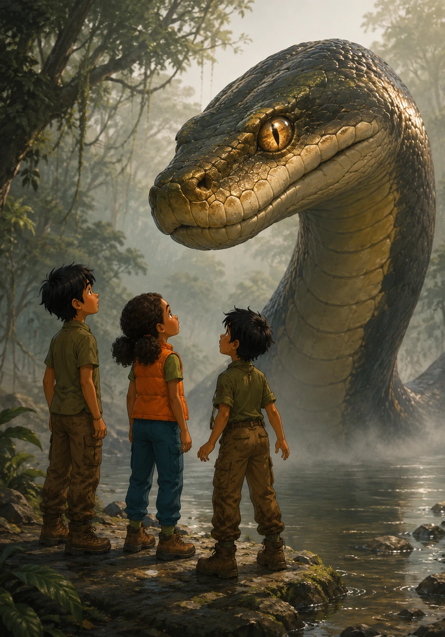 The giant snake slowly lifted its heavy head, revealing eyes that looked like ancient, polished amber. It didn't look like a monster from a scary story; it looked like a majestic, silent guardian of the mysterious river.
