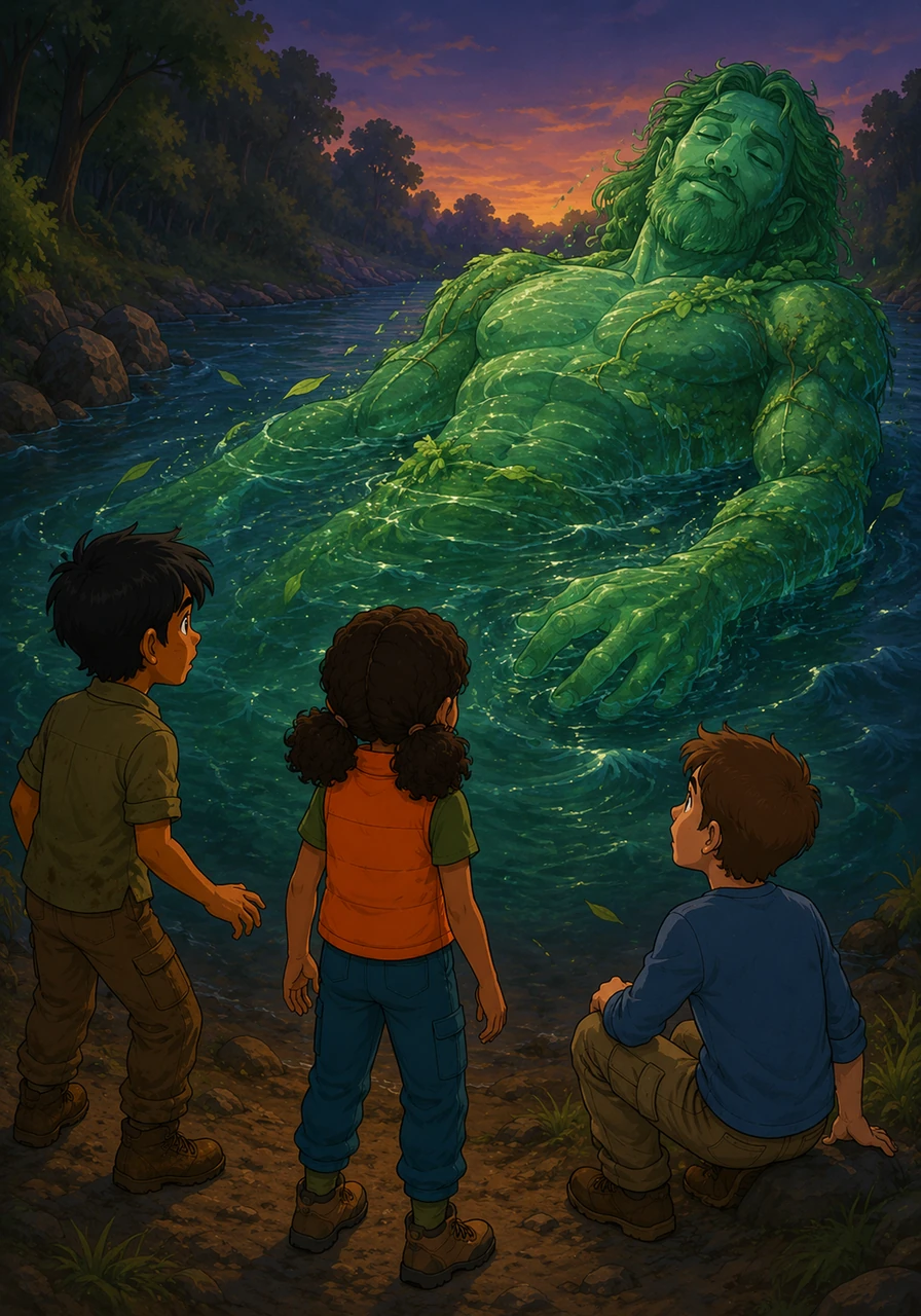 With a graceful, fluid motion, the emerald giant began to slide back into the murky depths of the river. It moved with such silence and elegance that it seemed to vanish into the water like a fading dream.