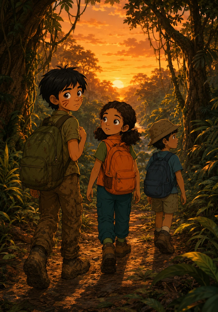 As the sun began to set, casting a warm orange glow over the towering trees, the group started their journey back home. Leo knew he would never forget the day he looked into the eyes of the great Amazon giant and felt the heartbeat of the jungle.