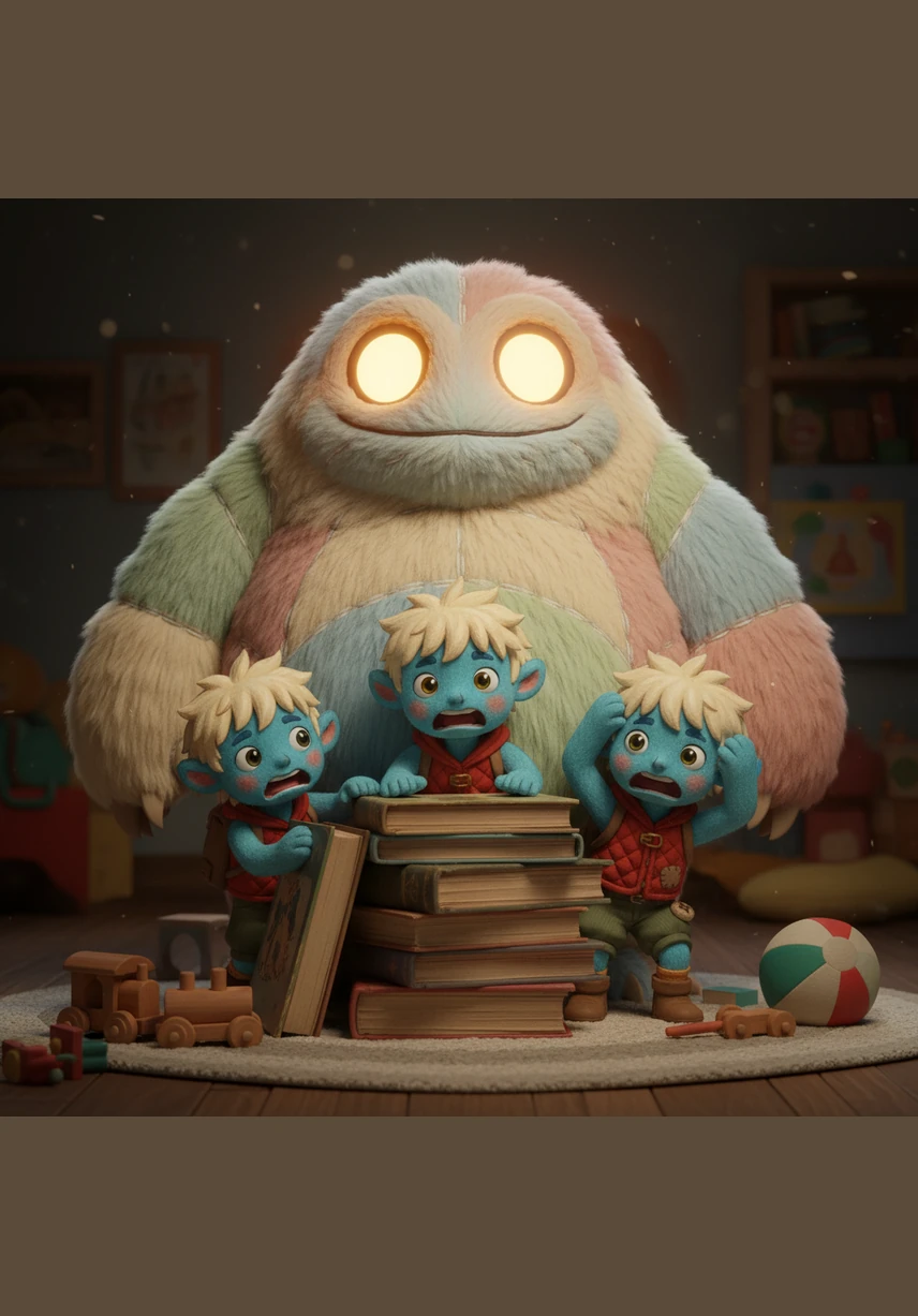 Out of the thick shadows, a large and strange monster jumped into view, its eyes glowing in the dim light. Kai gasped in terror, certain that this big, scary creature was looking for trouble.