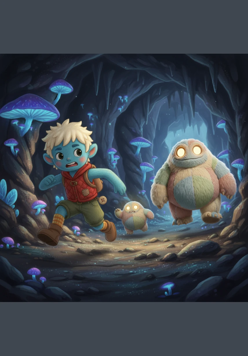 The monster began to chase Kai through the twisting paths of the cave, its heavy footsteps thundering behind him. Kai ran as fast as his legs could carry him, his heart racing with every turn he took.