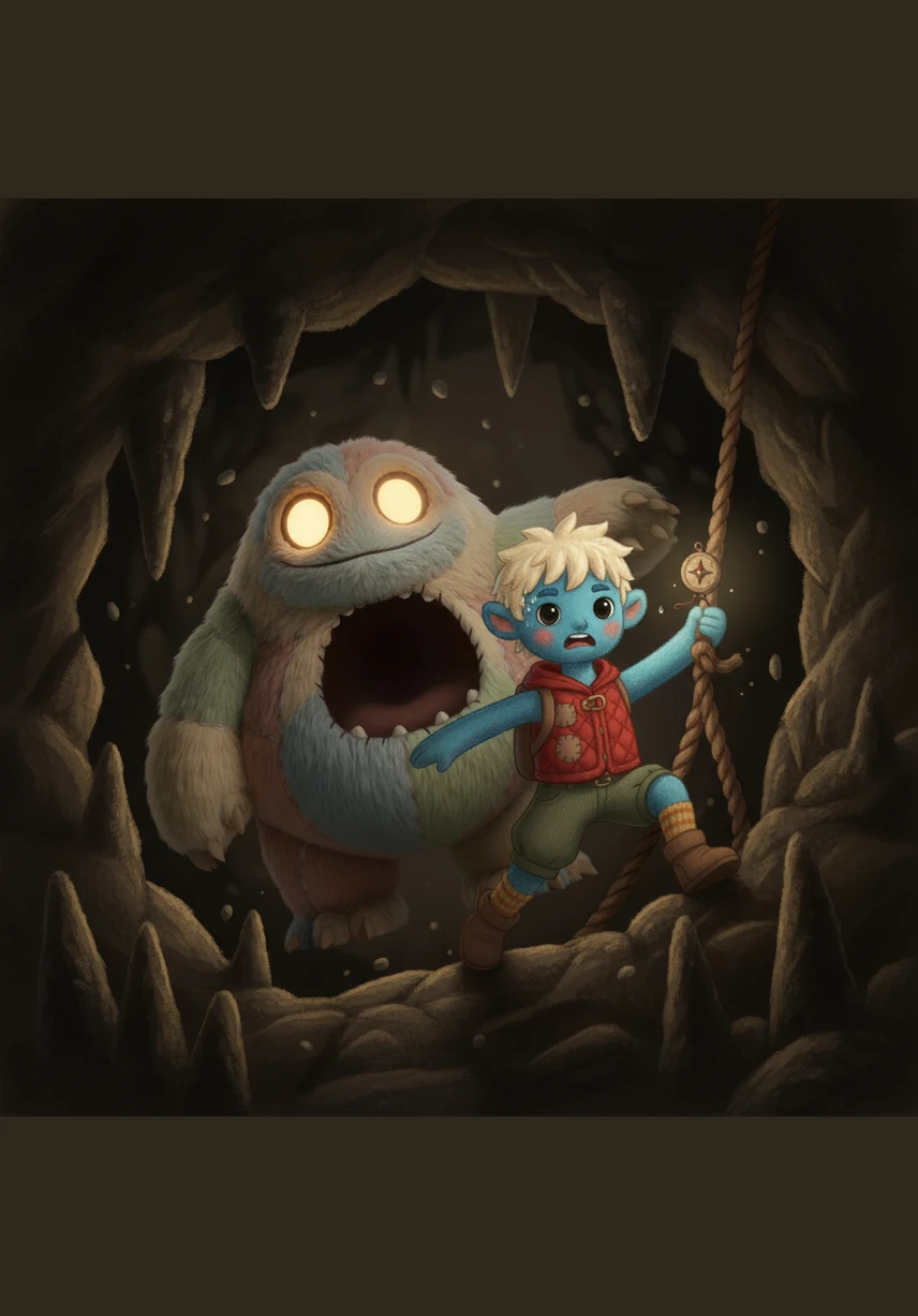 In his rush to escape, Kai tripped over a loose rock and fell, but he scrambled back up just as the monster reached out. He sprinted toward the light of the entrance, leaving the growling creature behind in the dark.