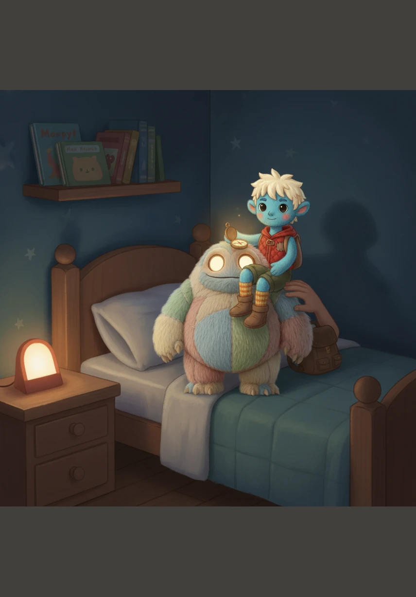 When Kai woke up, the monster was standing right there in his room, but this time it looked gentle and kind. Kai realized the monster just wanted a friend, and they spent the rest of the night happily playing together.