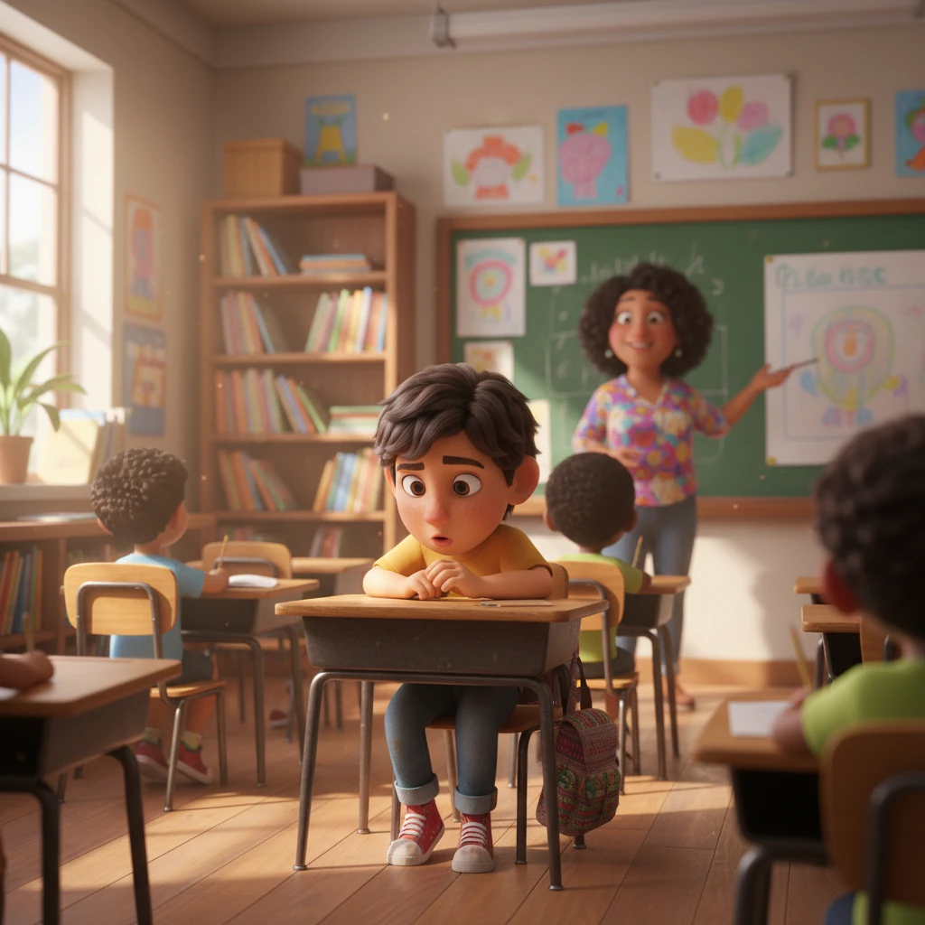 Leo, un niño con ojos grandes y curiosos, se sentaba en la última fila de la clase, susurrante y un poco encogido. Aunque su mente bullía de ideas, sus palabras rara vez salían de sus labios. El vibrante aula de la Sra. Elena, llena de dibujos coloridos y estantes repletos de libros, a menudo se sentía como un escenario demasiado grande para él.